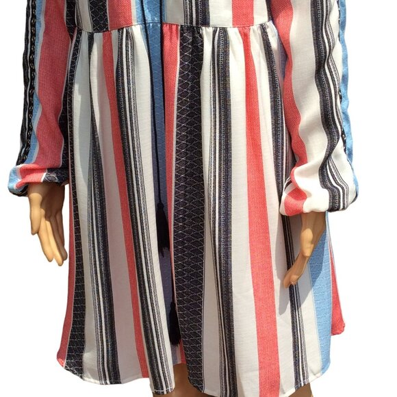 AMT Size M Long Puff Sleeve Dress Gypsy Boho Retro V-Neck Tassel Lace-up Striped - Picture 6 of 13